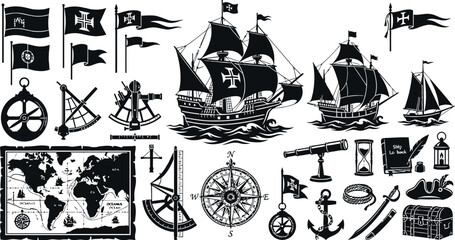 Pirate ship navigation icons set with flags and anchors vintage illustration © Nahid