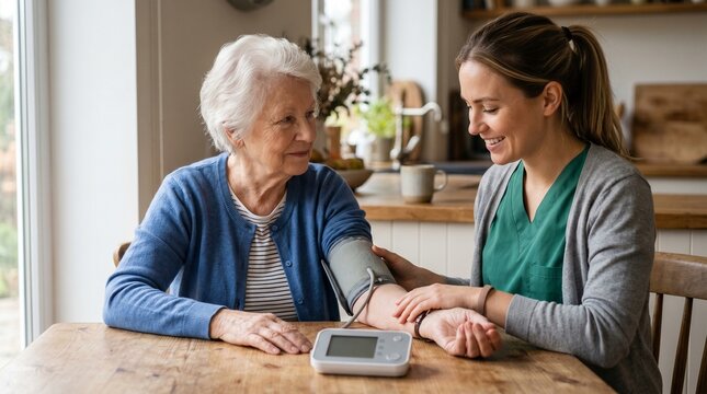A caregiver helps an older adult measure blood pressure at a kitchen table. The scene represents elderly care, home healthcare, preventive wellness, and patient support.