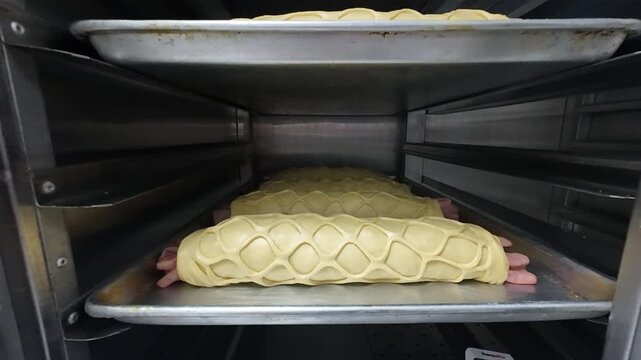 Close-up view inside a professional bakery, highlighting the organized rows of handcrafted Venezuelan ham breads, capturing quality and culinary dedication. Dolly out shot