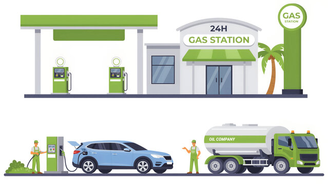 Modern gas station building with fuel pumps and a car being filled with gasoline by a worker near a large tanker truck in a city setting Vector