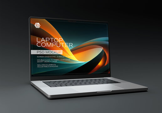 Silver Laptop Computer on Black Background Mockup