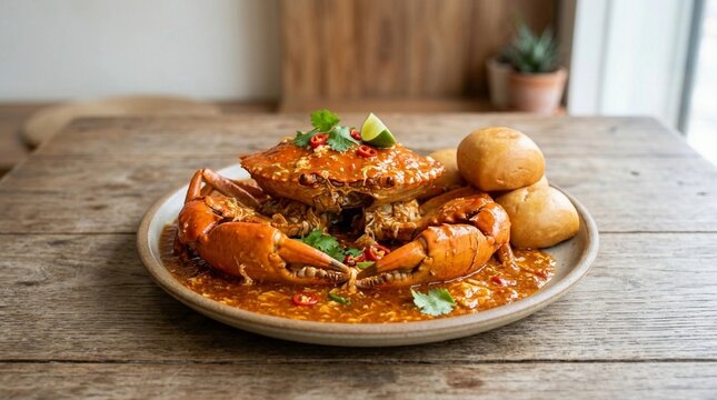 Authentic Singapore chili crab served with fried mantou buns on a plate, food photography