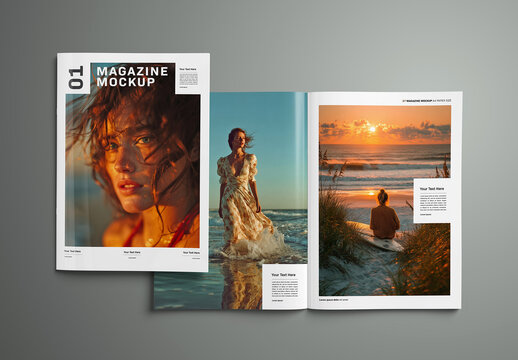 Isolated Magazine Cover and Open Magazine Mockup on Grey with Soft Shadows