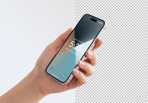 Woman Hand Holding Modern Smartphone Isolated on White Mockup