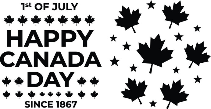 Happy canada day text with 1st of july and since 1867 labels featuring black maple leaf silhouettes and star shapes on a white background