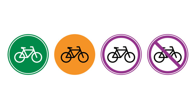 Four different bicycle vector icons showing various road and traffic signs for bikes, displayed on a clean white background, illustrating urban traffic regulation and cycling path indications