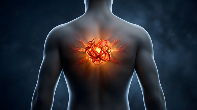 Abstract chronic pain concept showing invisible body discomfort, nerve stress, inflammation and healing through surreal 3D symbolism. AI Generated.