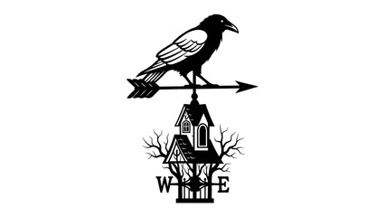 Crow Weather Vane with Haunted House: A striking black crow perched atop an arrow, symbolizing direction, sits above a spooky, gothic-style house with bare trees and directional indicators. © Murshida