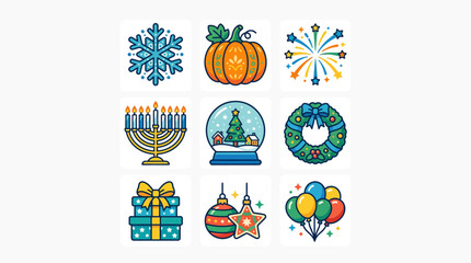 Fototapeta premium Set of colorful holiday celebration icons and festive symbols.