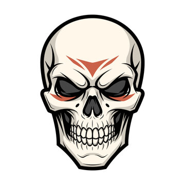 Intense and menacing skull illustration with dark eyes.