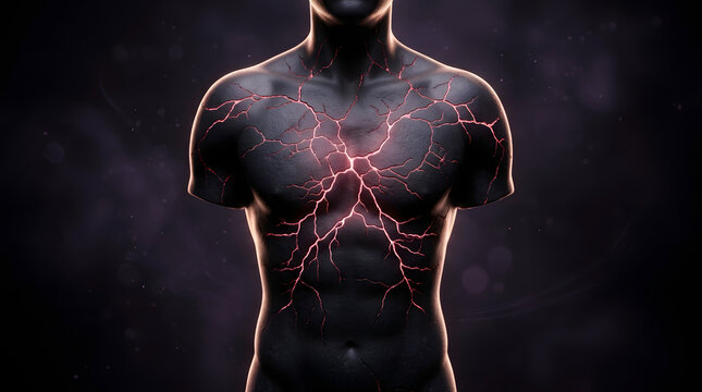 Abstract chronic pain concept showing invisible body discomfort, nerve stress, inflammation and healing through surreal 3D symbolism. AI Generated.