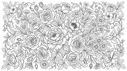 Obraz premium Vintage floral coloring page vector, intricate rose and peony line art background, hand drawn botanical garden illustration for adult coloring books