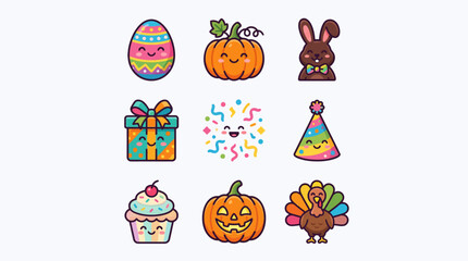 Fototapeta premium Set of cute colorful holiday and celebration icons with kawai faces.