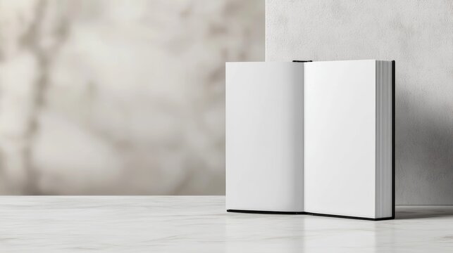 Open book mockup showing blank white pages, standing on a white marble table with soft palm leaf shadows