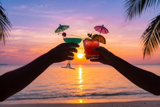 Two people clinking colorful cocktails on a beach at sunset