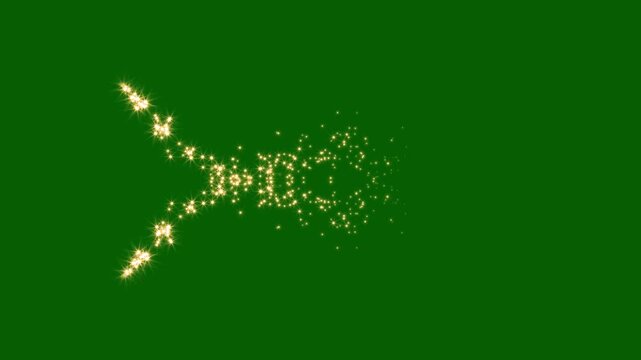Shining abstract gold particle streams flying from right to left on green backdrop, Mystical gold star trail parallel flight effect overlay, fantasy fairy tale wizard spell wand glow effect, 4K.Video.