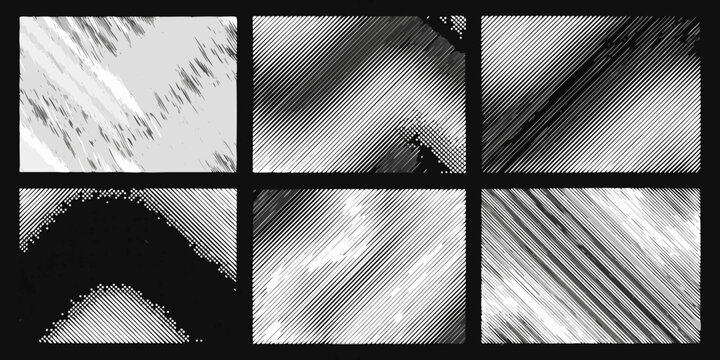 Gradient textures in six grayscale panels abstract background