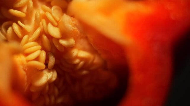 50p macro top view shot of red pepper seeds rotating to reveal texture, pattern and natural color