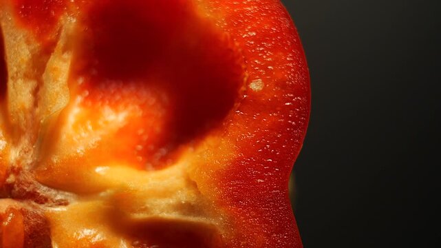 50p macro lens top view shot of a red pepper slice rotating to reveal texture and vibrant natural color