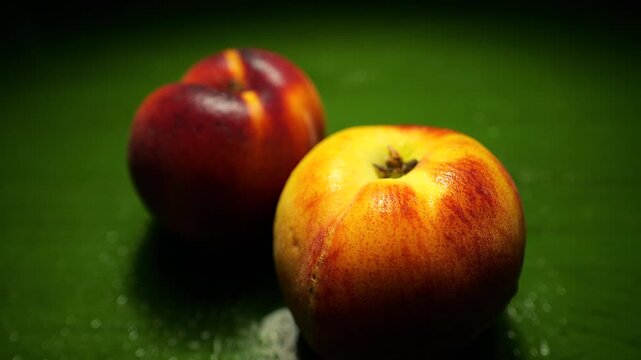 50p close up slider shot with 9mm micro lens moving across two fresh peaches to reveal texture and natural color