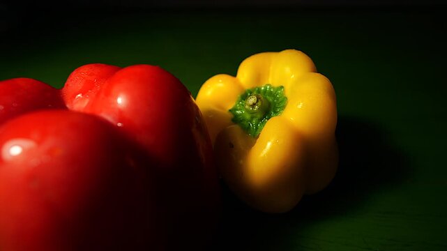 50p close up slider shot with 9mm micro lens moving across two fresh peppers to reveal texture and vibrant natural colors
