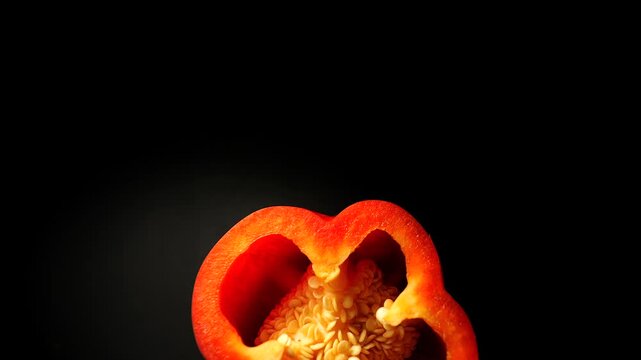 50p close up top view shot with 9mm micro lens of a sliced red pepper rotating to reveal texture and natural color