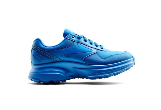The blue sneaker is showcased on a plain white background indoors.