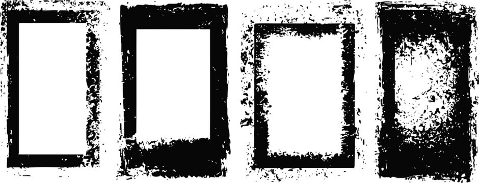 Set of four black grunge distressed frames with textured borders and rough edges for design elements