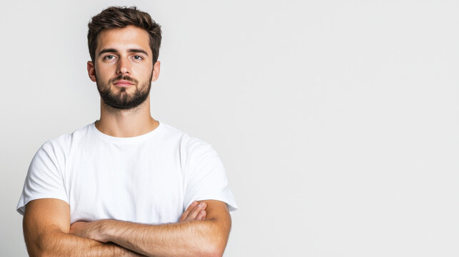 Confident young man stands with arms crossed, wearing plain white t shirt against neutral background, exuding sense
