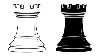 Chess Rook Duo: A striking black and white illustration featuring two chess rooks, one in stark white and the other in deep black, standing side-by-side. © Murshida