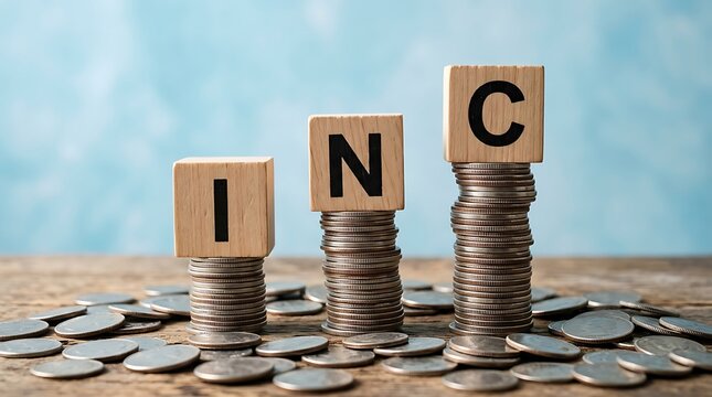 Wooden blocks with the word cost on stacks of coins with a red arrow pointing down, representing cost reduction