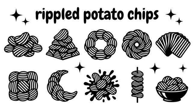 Pile of crispy ripple potato chips vector collection, snack food illustration isolated for party, picnic, fast food, restaurant menu, and packaging design. Black and white sketch