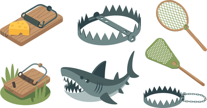 Flat Style Trap And Predator Vector Set Featuring Mouse Trap Bear Trap Shark Fly Swatter And Animal Snare For Danger Warning And Pest Control Design
