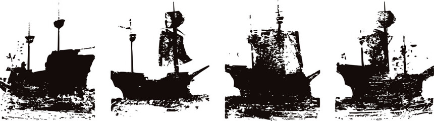 Obraz premium silhouettes of four pirate ships sailing on white background with tall masts and sails