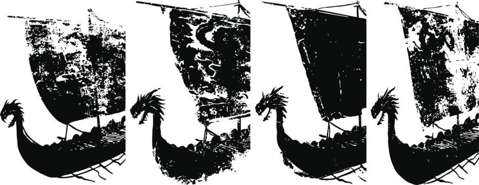 Silhouettes of viking longships with dragon head prows sailing on water at sunset