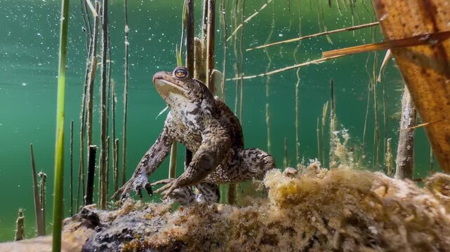 Underwater shot of male Common Toad (Bufo bufo) sitting on a submerged branch. Estonia.