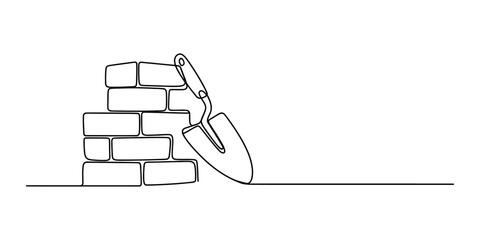 Continuous single line drawing of a stack of red bricks and a metal construction trowel tool for building walls isolated on a white background design art Vector, illustration © Raj Creator
