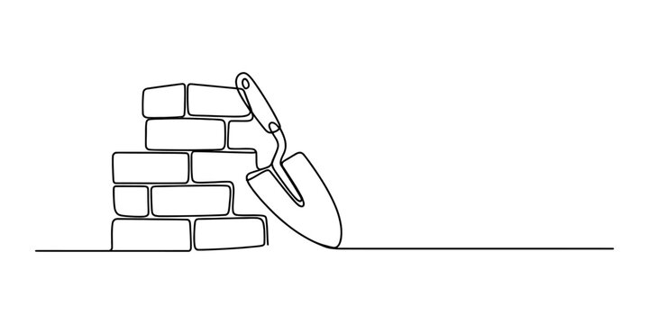 Continuous single line drawing of a stack of red bricks and a metal construction trowel tool for building walls isolated on a white background design art Vector, illustration