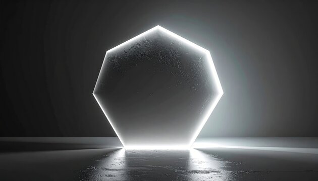 A glowing, heptagonal light frame contrasts a textured, gray geometric shape in dim light