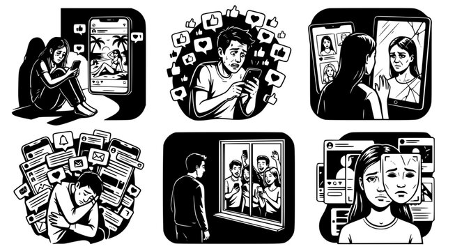 Social media impact and digital stress illustrations depicting negative effects of online technology on mental health and self esteem in black white