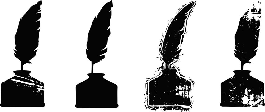 Four black ink bottle silhouettes with quill pens vintage writing accessories in various styles