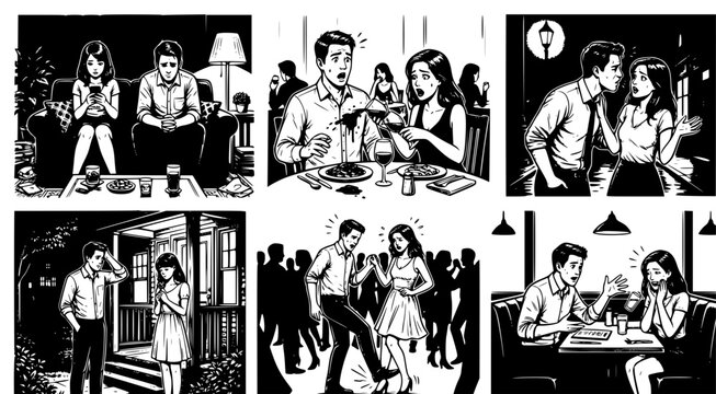 Series of black and white comic style illustrations portraying emotional social conflict and awkward situations in various public and private settings