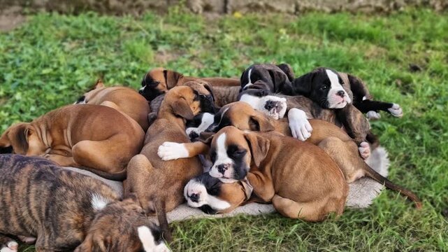 large litter of purebred German boxer puppies huddling together on a green grass lawn outdoors, cute domestic canine breeding process, playful young animals.