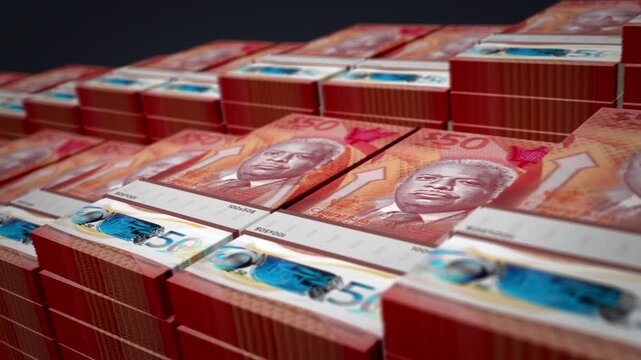 Barbados Dollar barbadian money banknote bundle growth up loop. 50 BBD stacks. Concept of cash pack, banking, travel, business, economy and finance 3d loopable seamless.