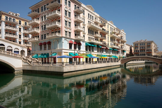 Doha, Qatar - August 05, 2025: Qanat Quartier is a little Venice in Pearl Qatar,