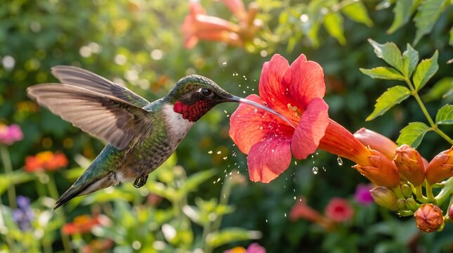 Hummingbird sips nectar from vibrant red trumpet flower in sunlit garden, water droplets splash from bloom.