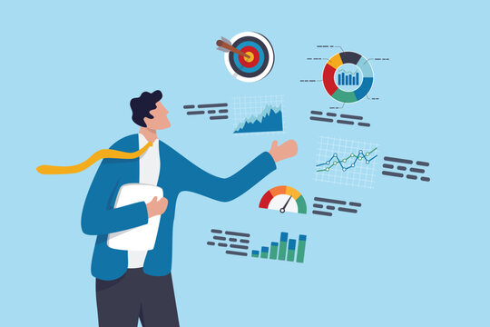 Explainer presenting presentation with data analysis graph, chart diagram, showing information demonstrate performance communicate, businessman with tablet explain details of chart and graph data.