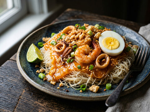 Filipino pancit palabok with rice noodles, shrimp, squid, egg, crispy garlic, calamansi, and rich orange sauce