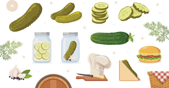 Pickle vector icons set with fresh green cucumbers glass jars slices dill herbs and fast food elements