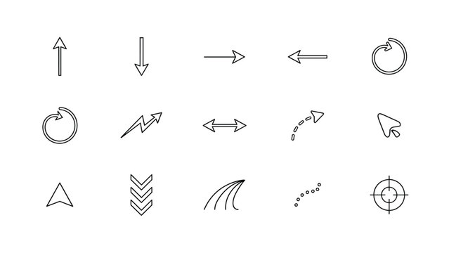 Collection of arrow circle and geometric shape icons in a linear style silhouette arrows circles triangle shapes icon outline line